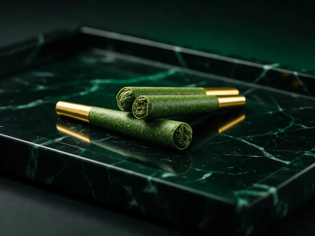 Pre-rolled cones arranged on a black surface with gold light