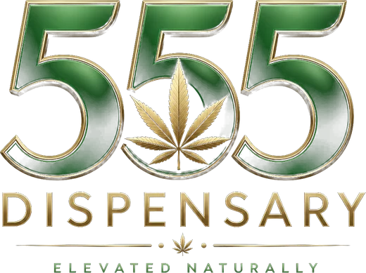 555 Dispensary logo: green and gold 555 with a gold cannabis leaf, Elevated Naturally