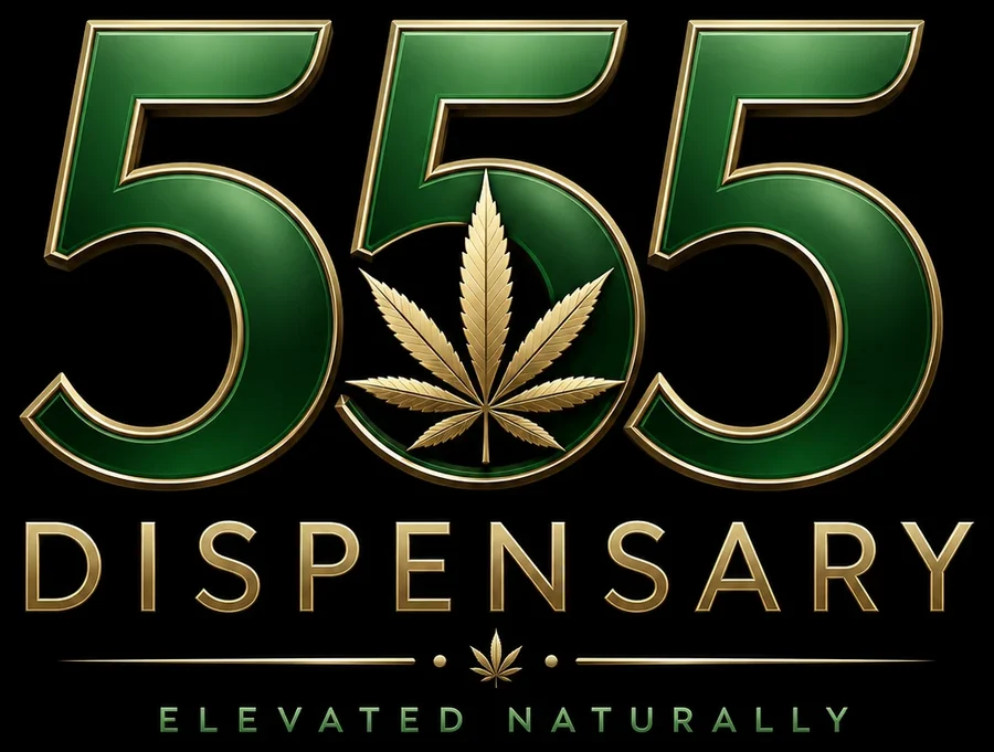 555 Dispensary emblem in green and metallic gold